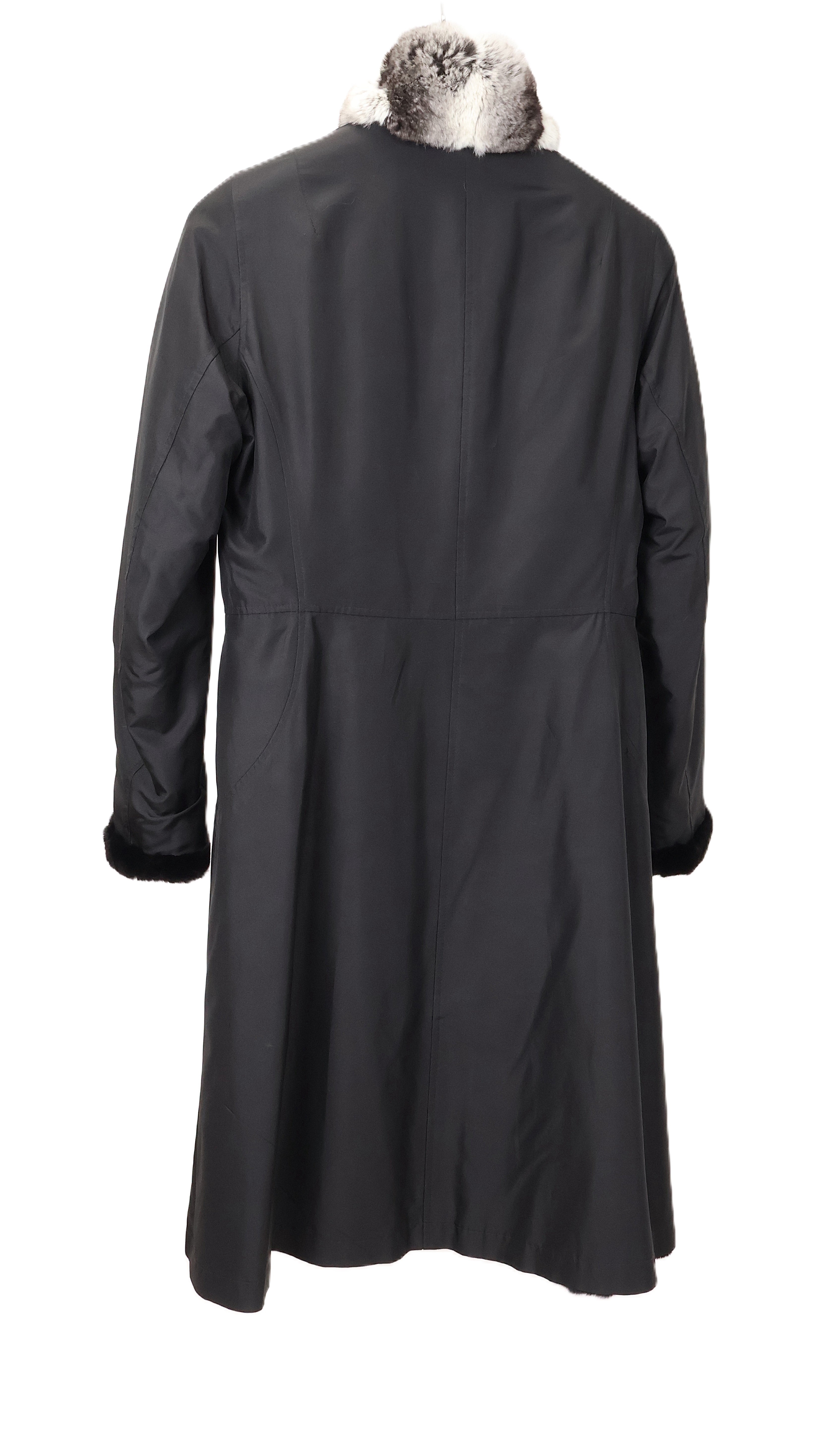 PRE-OWNED BLACK DYED SHEARED MINK HORIZONTAL REVERSIBLE TO TAFFETA 7/8 COAT W/ NATURAL CHINCHILLA STAND COLLAR