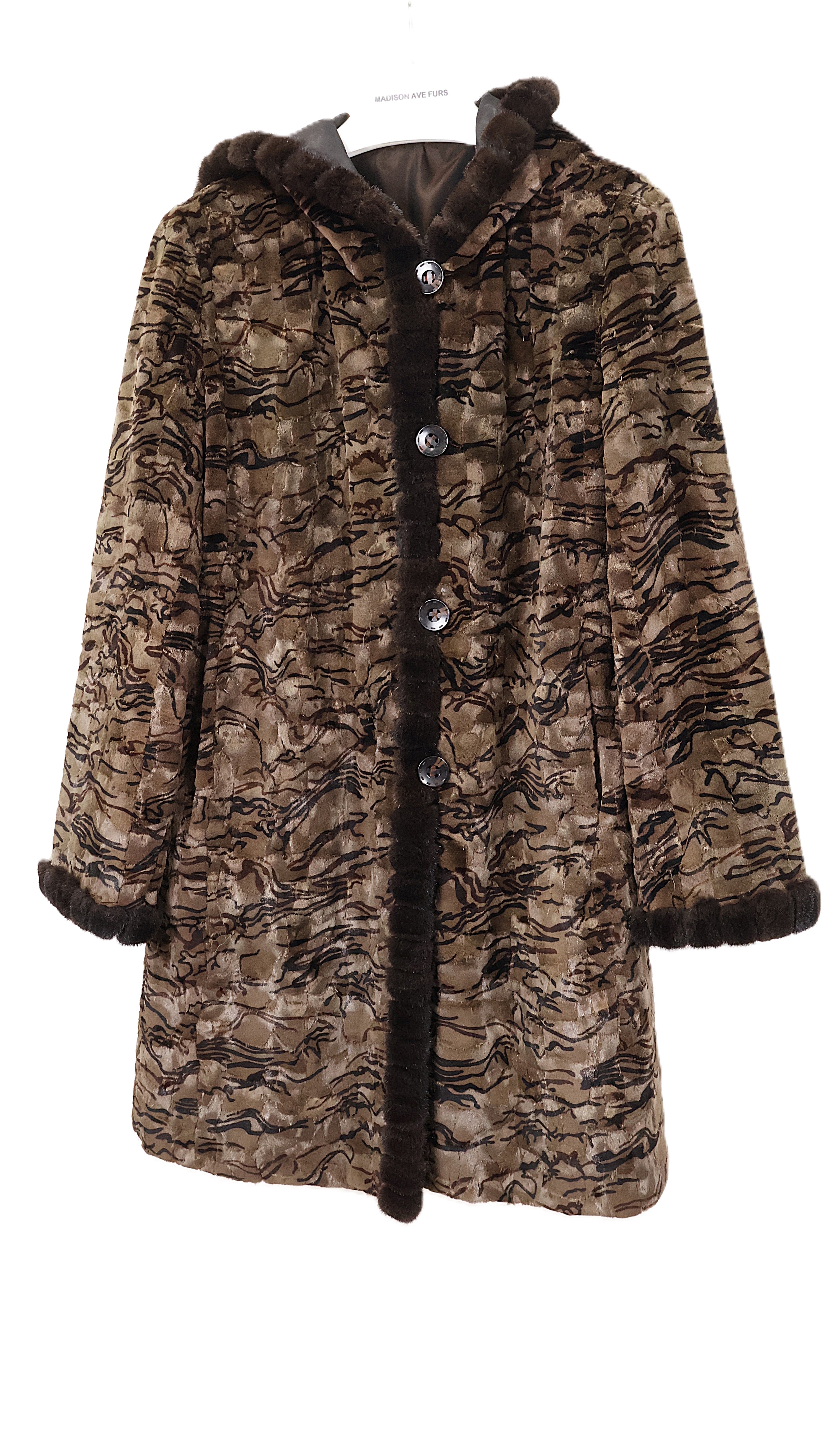 PRE-OWNED DYED & PRINTED SHEARED MINK HOODED REVERSIBLE TO TAFFETA STROLLER W/ LOMG HAIR MINK TRIM