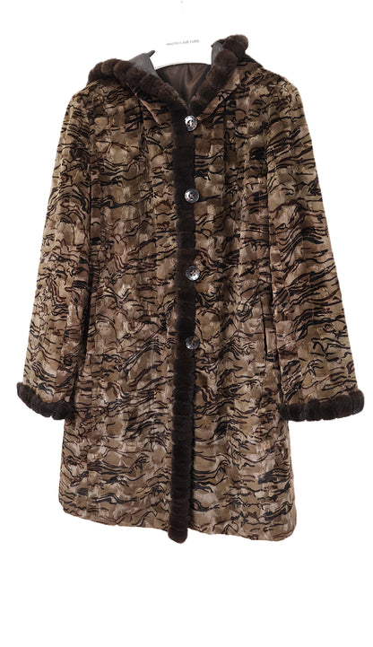 PRE-OWNED DYED & PRINTED SHEARED MINK HOODED REVERSIBLE TO TAFFETA STROLLER W/ LOMG HAIR MINK TRIM