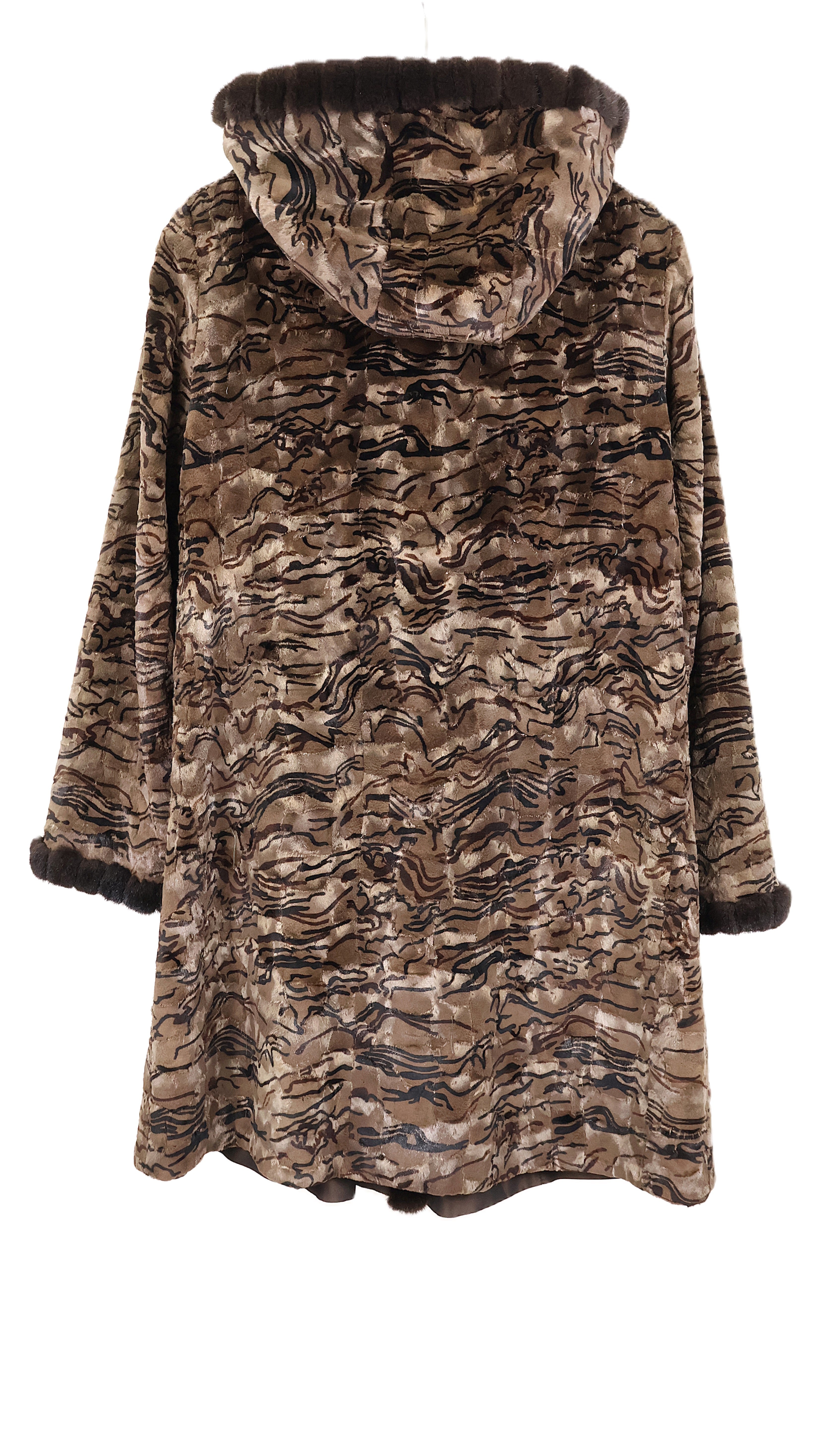 PRE-OWNED DYED & PRINTED SHEARED MINK HOODED REVERSIBLE TO TAFFETA STROLLER W/ LOMG HAIR MINK TRIM