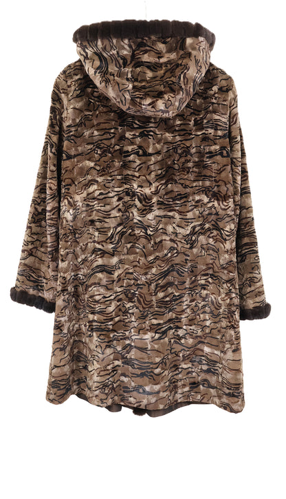 PRE-OWNED DYED & PRINTED SHEARED MINK HOODED REVERSIBLE TO TAFFETA STROLLER W/ LOMG HAIR MINK TRIM