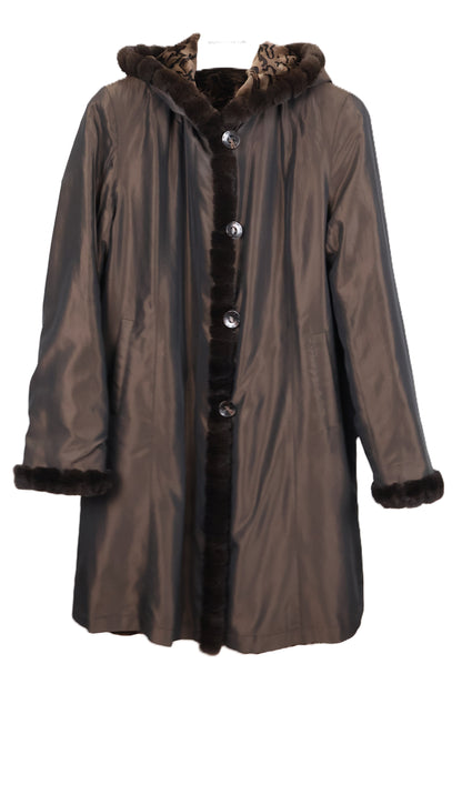 PRE-OWNED DYED & PRINTED SHEARED MINK HOODED REVERSIBLE TO TAFFETA STROLLER W/ LOMG HAIR MINK TRIM