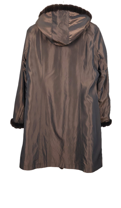 PRE-OWNED DYED & PRINTED SHEARED MINK HOODED REVERSIBLE TO TAFFETA STROLLER W/ LOMG HAIR MINK TRIM