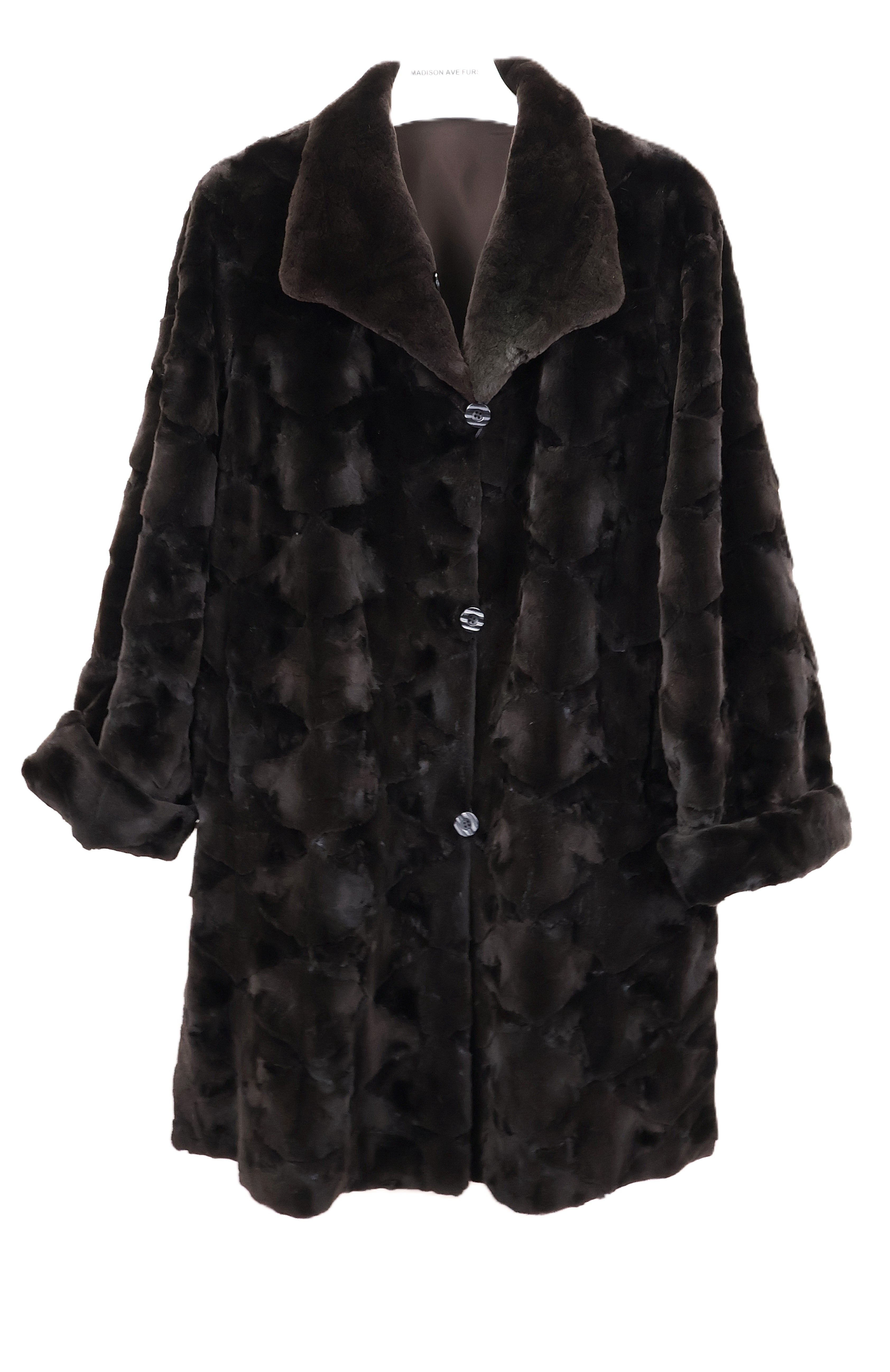 BROWN SHEARED MINK OVALS REVERSIBLE TO TAFFETA 7/8 COAT W/ WING COLLAR, TURN BACK CUFFS & SIDE SLITS