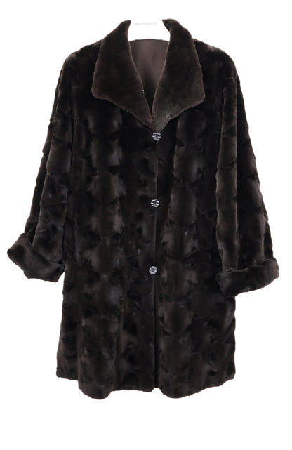 BROWN SHEARED MINK OVALS REVERSIBLE TO TAFFETA 7/8 COAT W/ WING COLLAR, TURN BACK CUFFS & SIDE SLITS