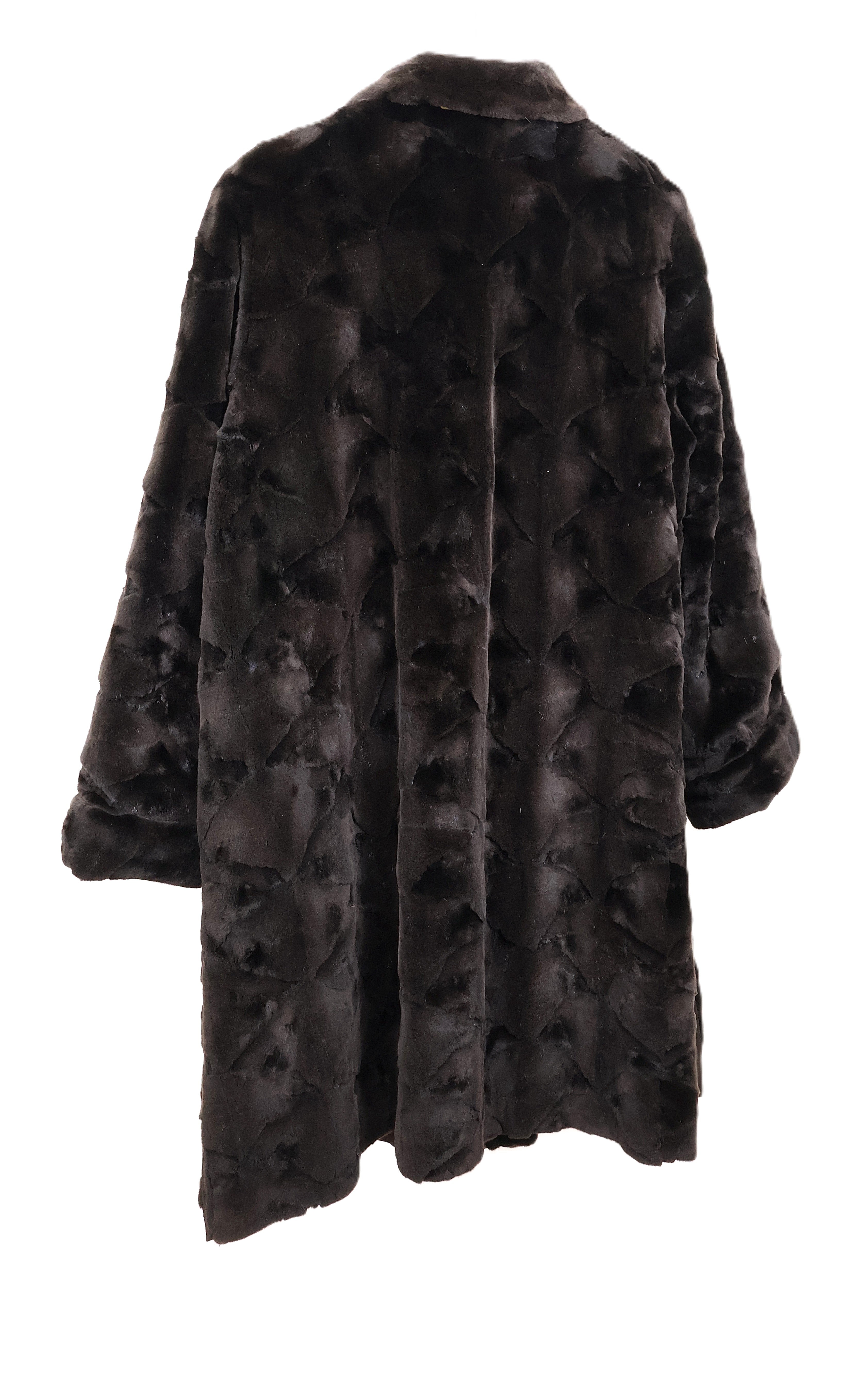 BROWN SHEARED MINK OVALS REVERSIBLE TO TAFFETA 7/8 COAT W/ WING COLLAR, TURN BACK CUFFS & SIDE SLITS