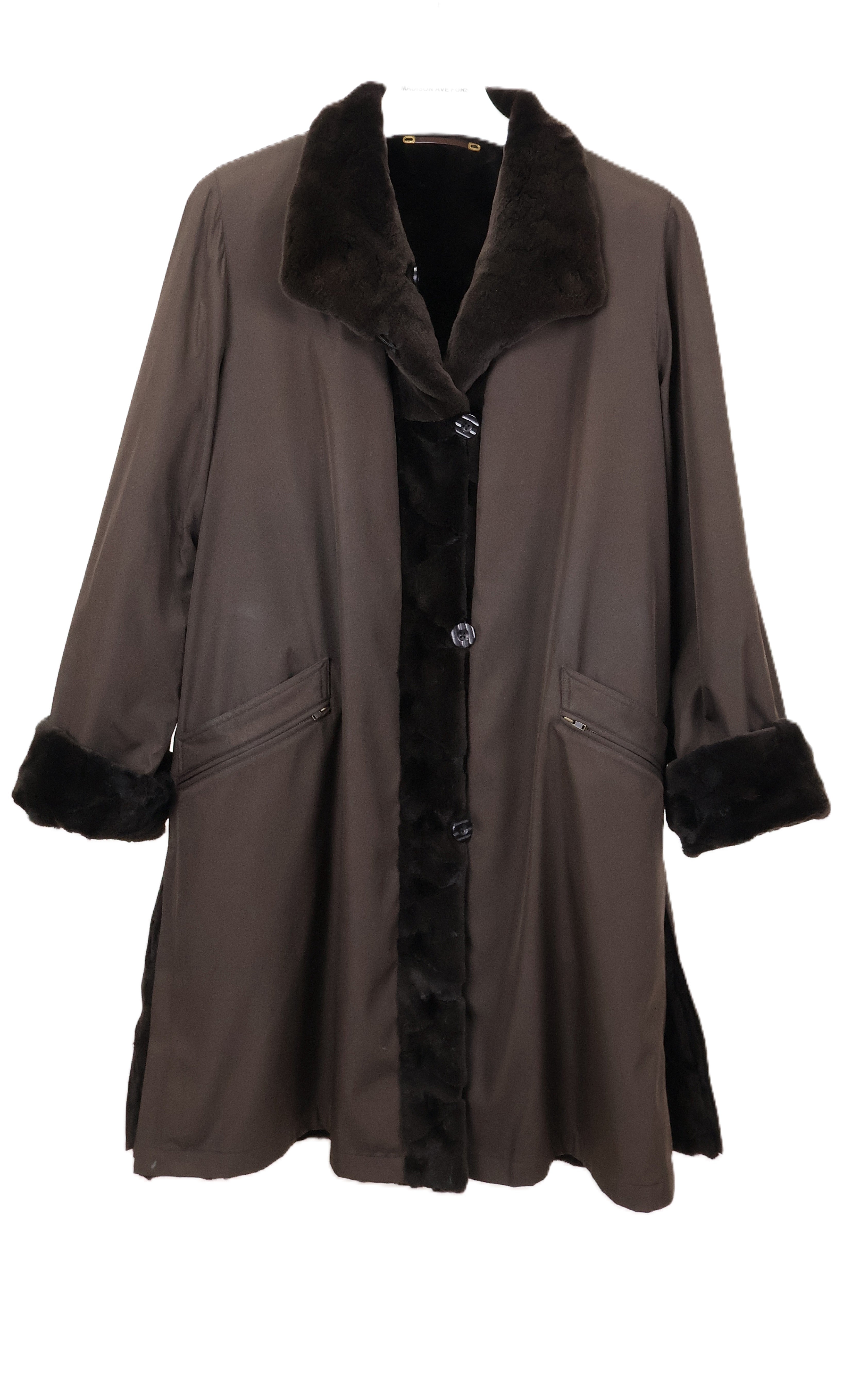 BROWN SHEARED MINK OVALS REVERSIBLE TO TAFFETA 7/8 COAT W/ WING COLLAR, TURN BACK CUFFS & SIDE SLITS