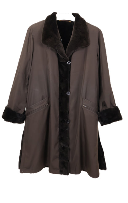 BROWN SHEARED MINK OVALS REVERSIBLE TO TAFFETA 7/8 COAT W/ WING COLLAR, TURN BACK CUFFS & SIDE SLITS