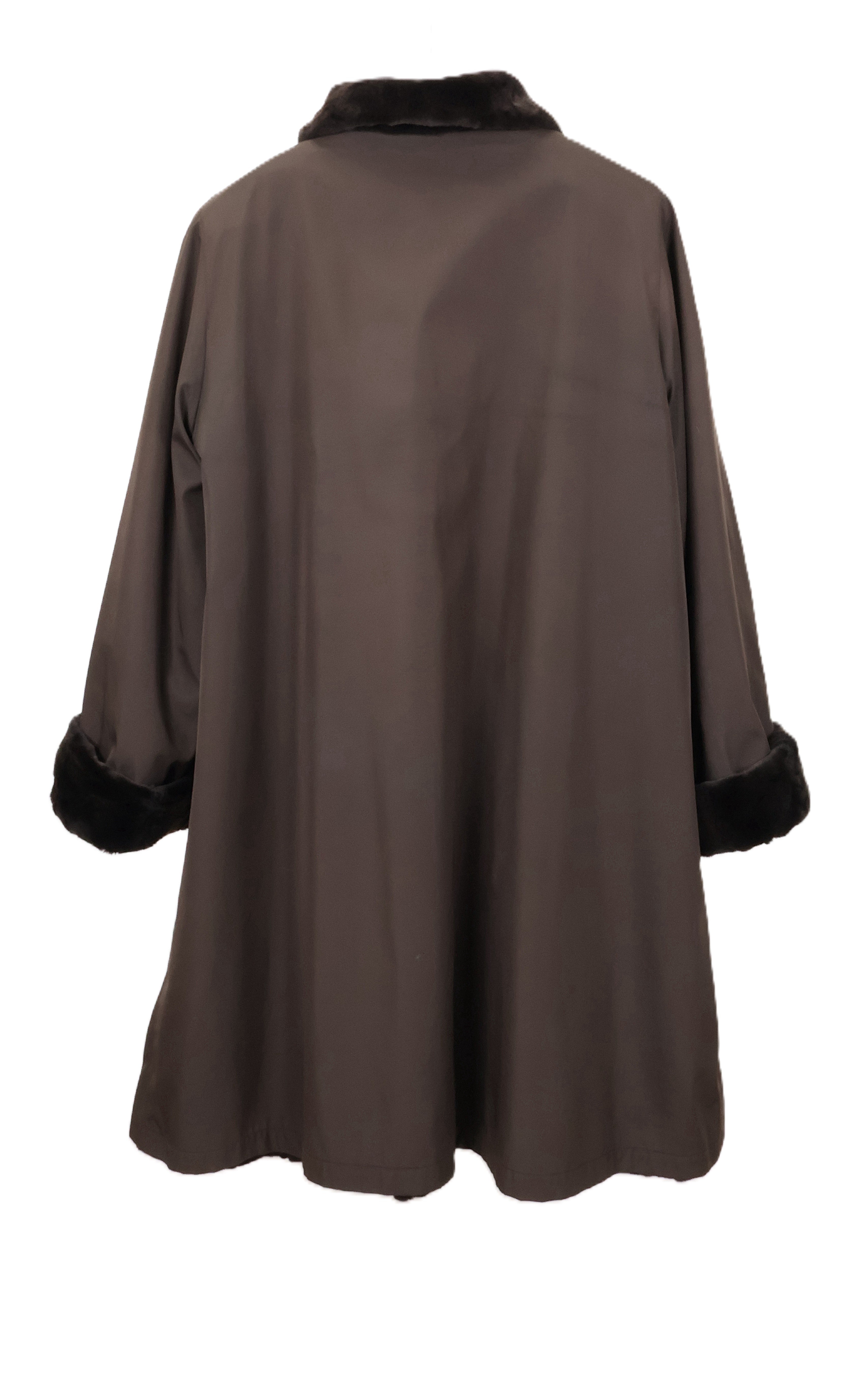 BROWN SHEARED MINK OVALS REVERSIBLE TO TAFFETA 7/8 COAT W/ WING COLLAR, TURN BACK CUFFS & SIDE SLITS
