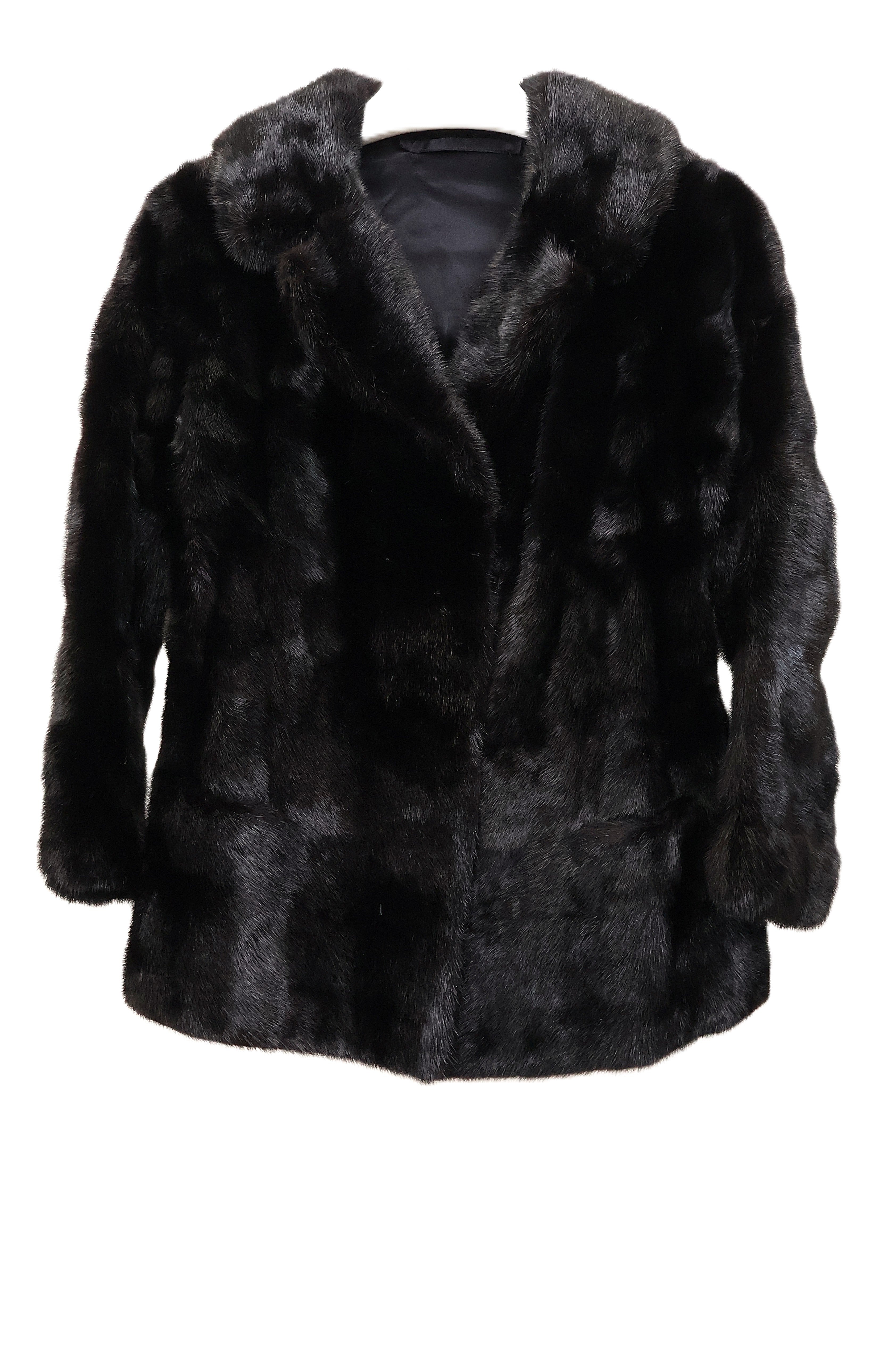 PRE-OWNED BLACK DYED MINK JACKET W/ NOTCH COLLAR & STRAIGHT SLEEVES