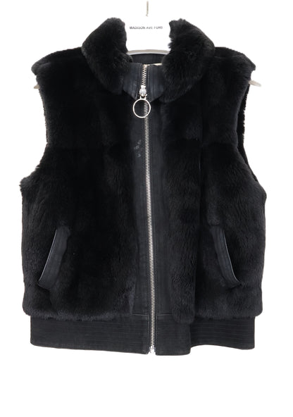 PRE-OWNED BLACK DYED SHEARED NUTRIA VEST W/ WING COLLAR & SUEDE TRIM & ZIPPER CLOSURE