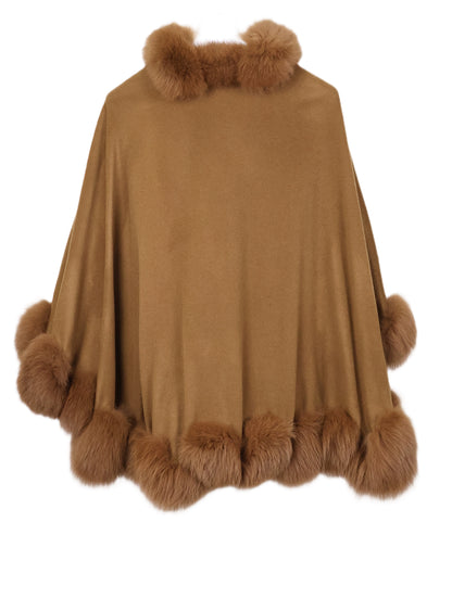 PRE-OWNED TAN WOOL/CASHMERE W/ MATCHING DYED FOX TRIM