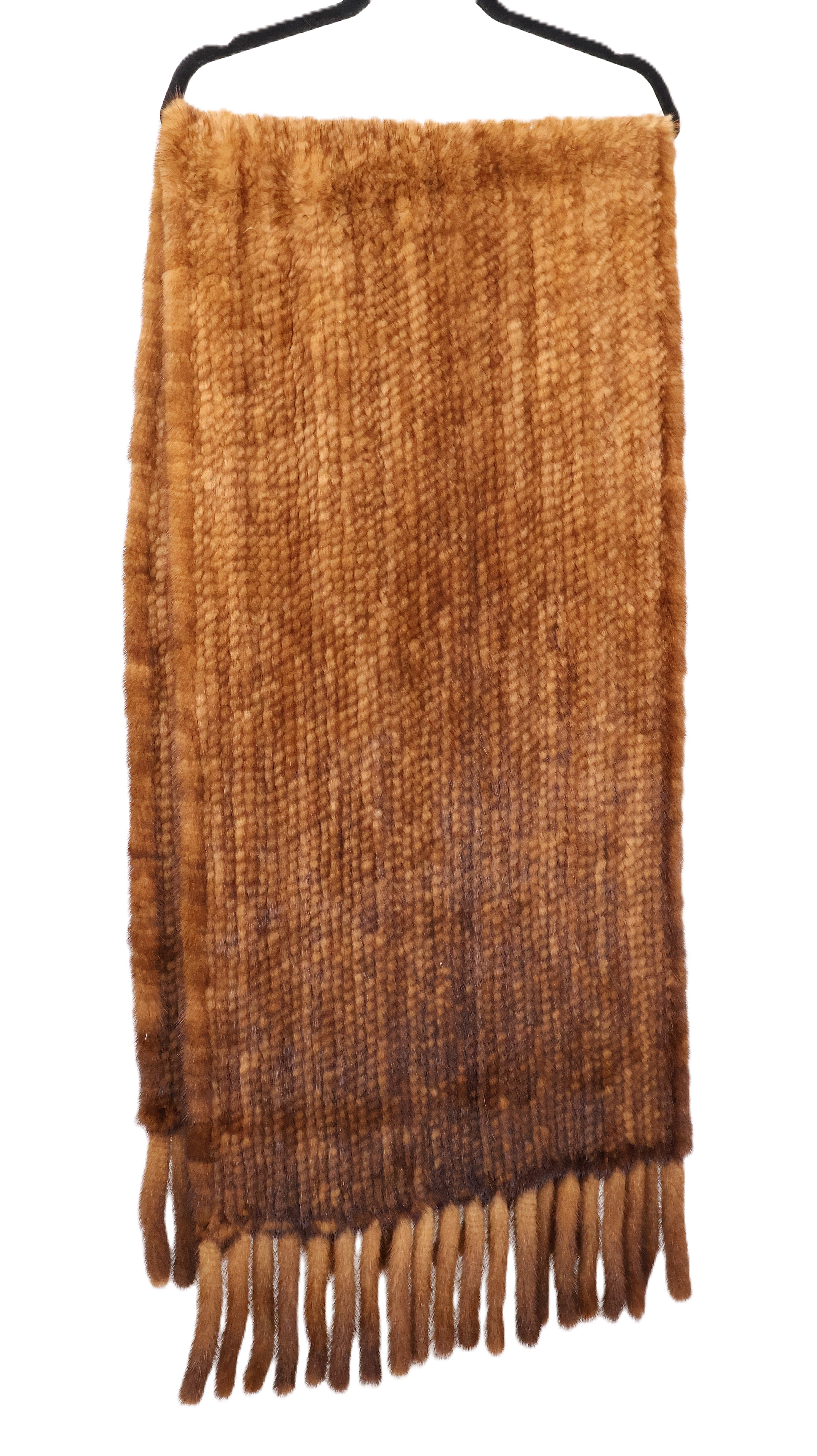 PRE-OWNED COGNAC DYED KNITTED MINK STOLE W/ FRINGE