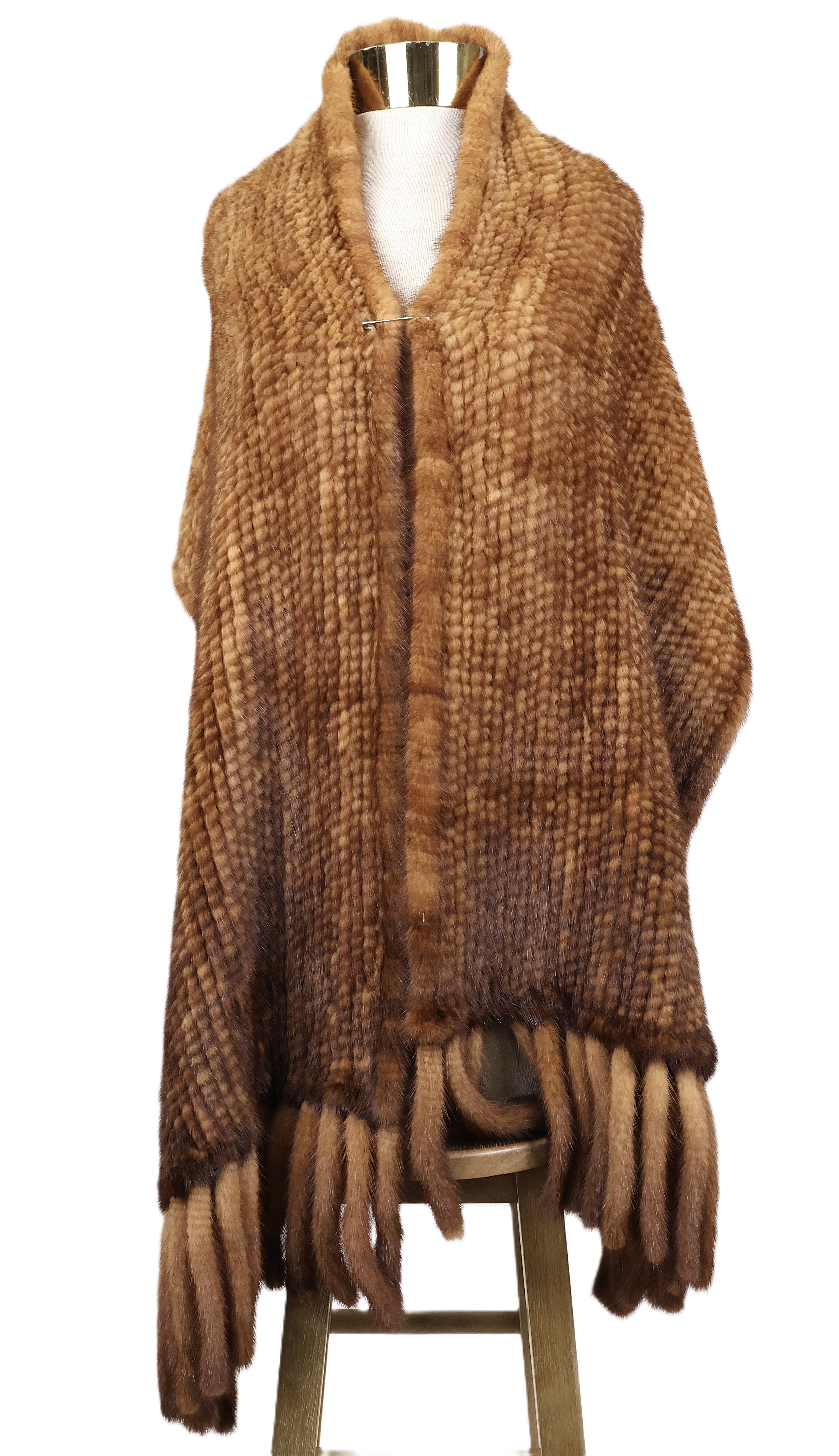 PRE-OWNED COGNAC DYED KNITTED MINK STOLE W/ FRINGE