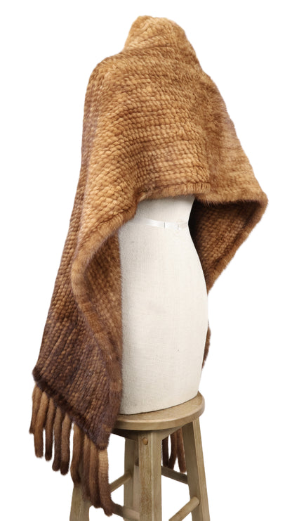 PRE-OWNED COGNAC DYED KNITTED MINK STOLE W/ FRINGE