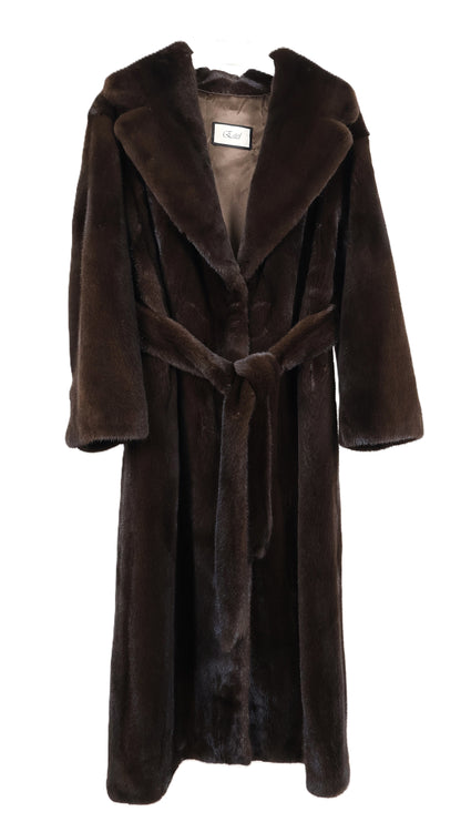 NEW MAHOGANY MINK COAT W/ NOTCH COLLAR, W/MATCHING MINK WRAP BELT, STRAIGHT SLEEVES & VENTED BACK