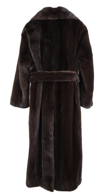 NEW MAHOGANY MINK COAT W/ NOTCH COLLAR, W/MATCHING MINK WRAP BELT, STRAIGHT SLEEVES & VENTED BACK