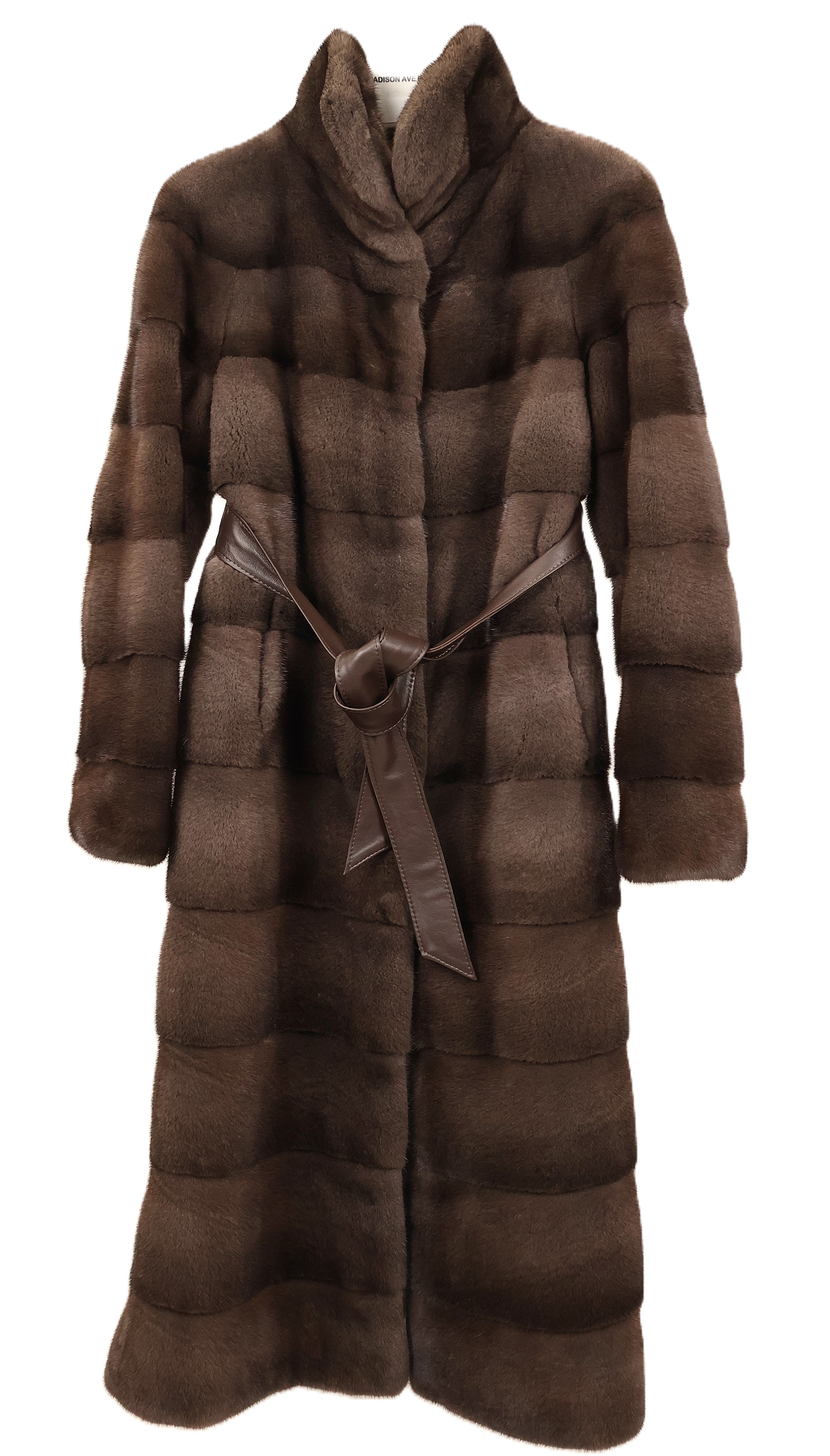 NEW NATURAL STARLIGHT MINK HORIZONTAL COAT W/ STAND COLLAR, STRAIGHT SLEEVES, SIDE SLITS & LEATHER WRAP BELT
