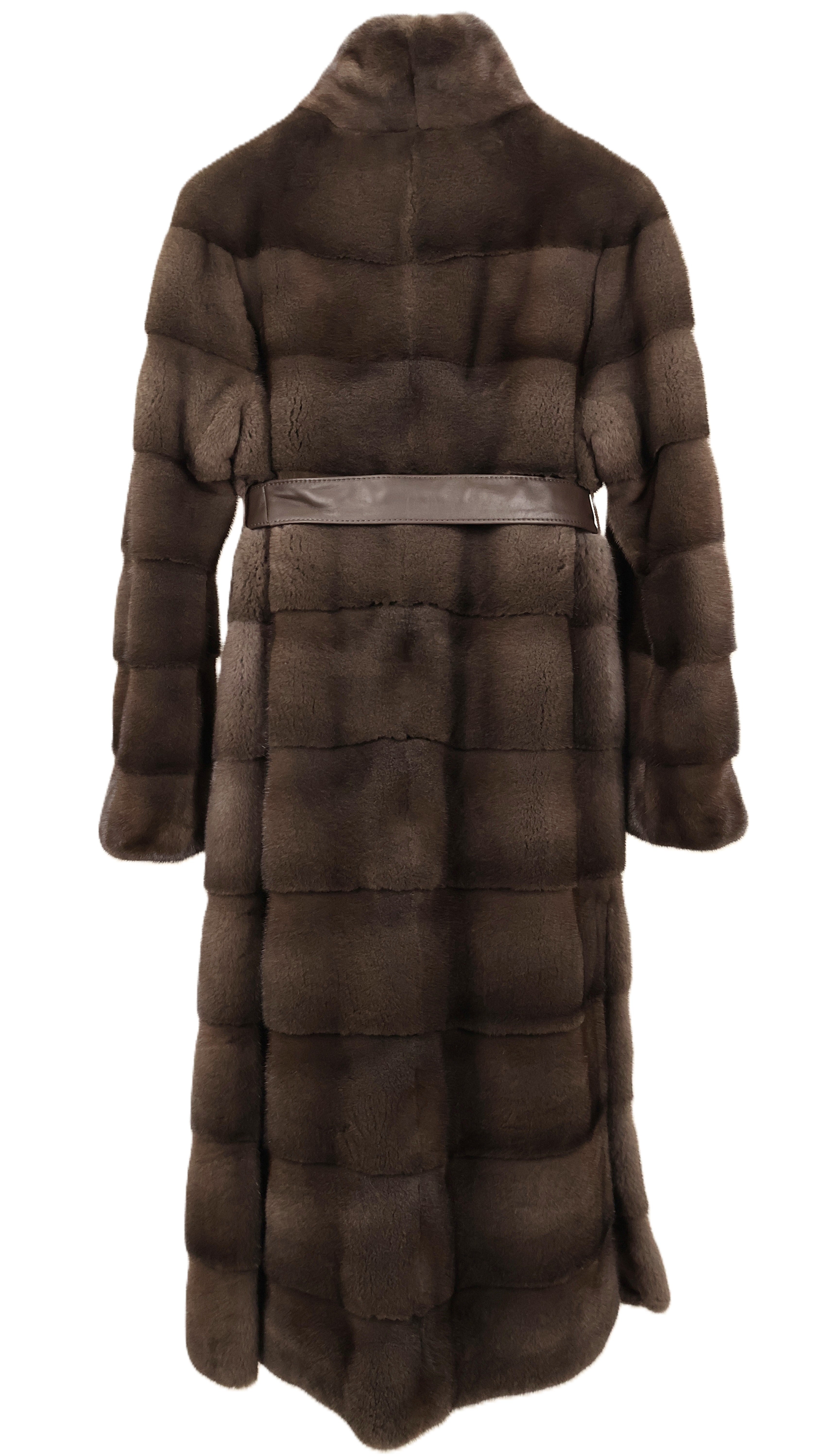 NEW NATURAL STARLIGHT MINK HORIZONTAL COAT W/ STAND COLLAR, STRAIGHT SLEEVES, SIDE SLITS & LEATHER WRAP BELT