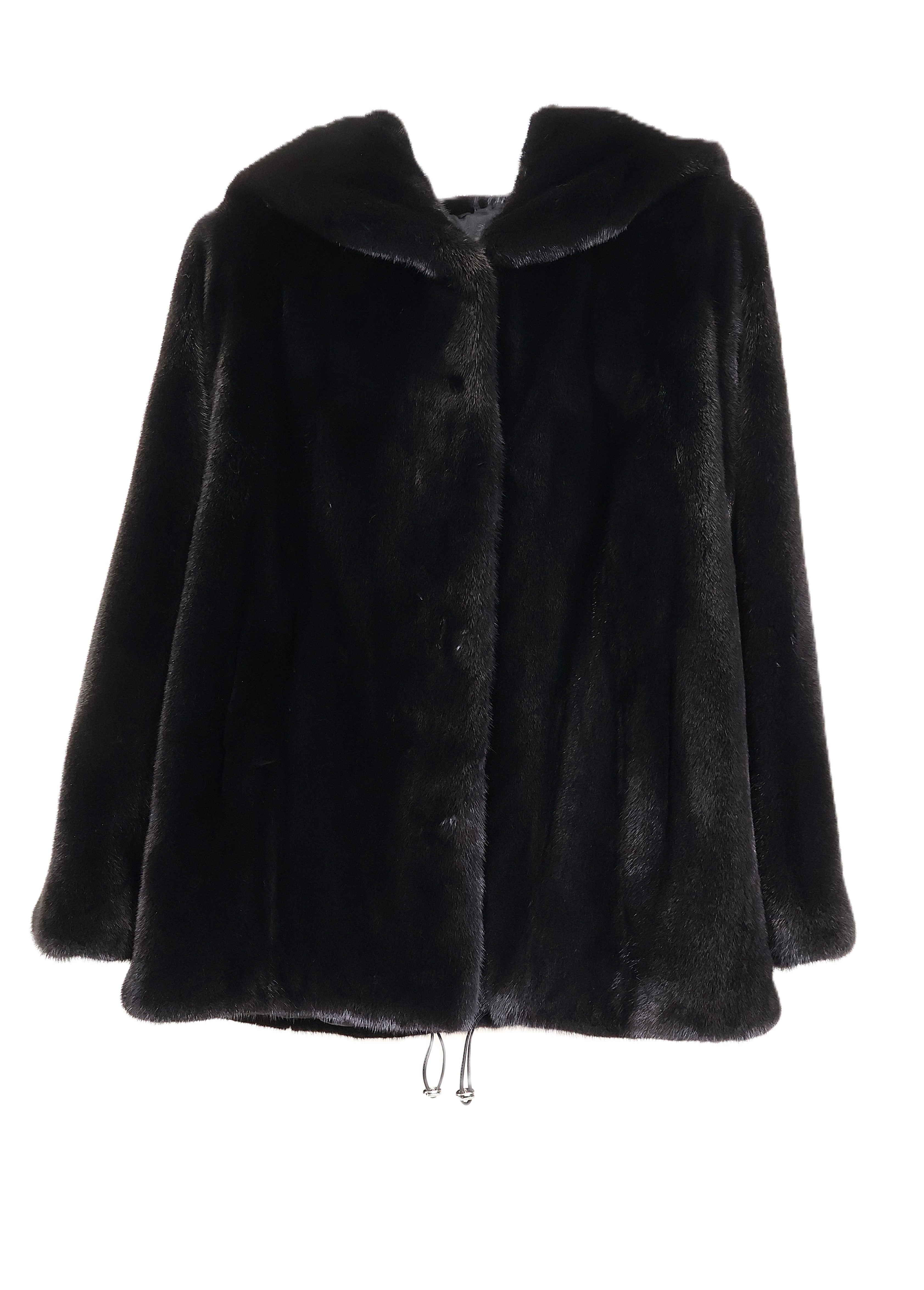 NEW COLOR ADDED BLACK MINK HOODED JACKET W/ DRAWSTRING BOTTOM & STRAIGHT SLEEVES