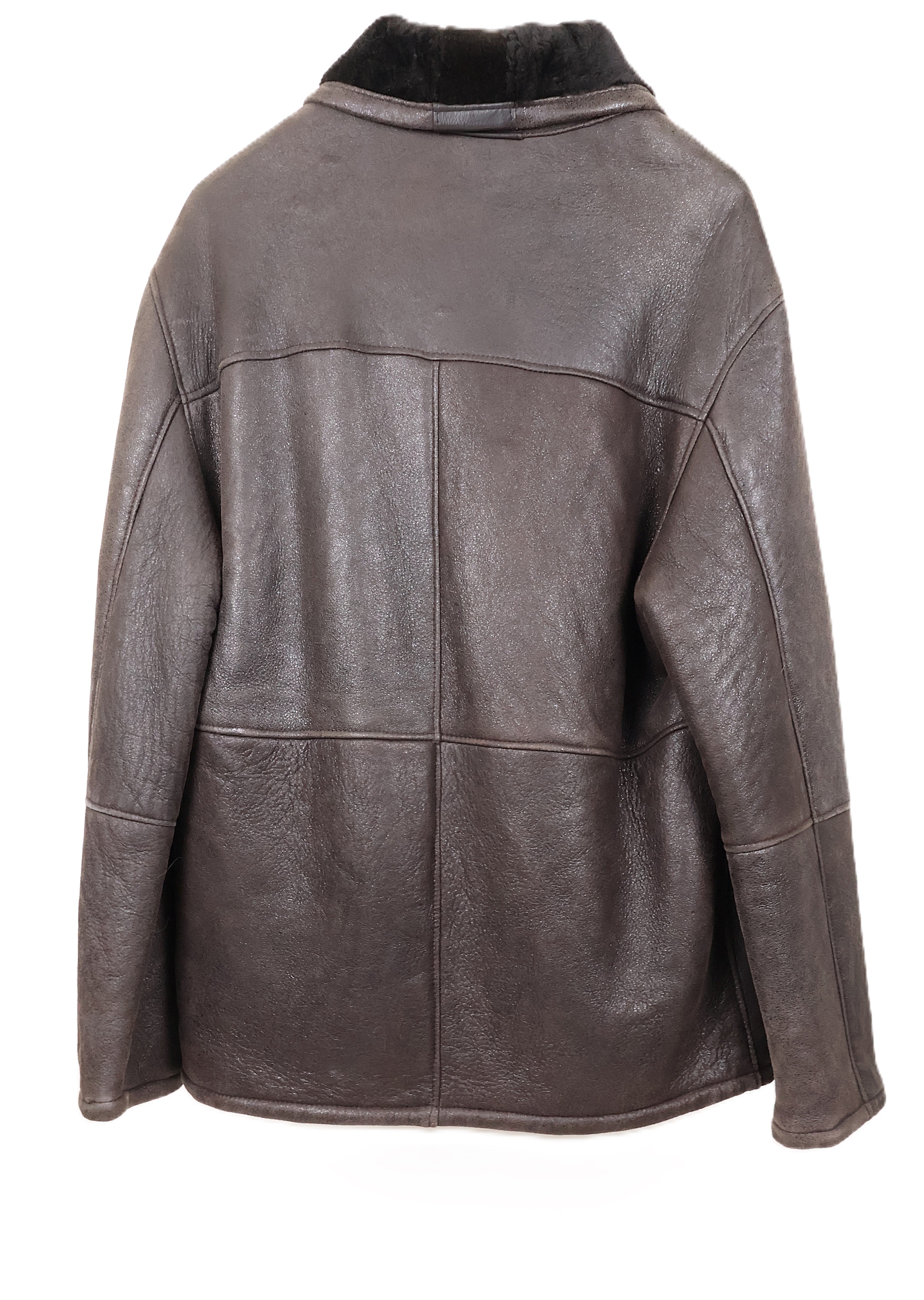 PRE-OWNED MENS CHOCOLATE BROWN SHEARLING BOMBER JACKET W/ WING COLLAR & ZIPPER CLOSURE