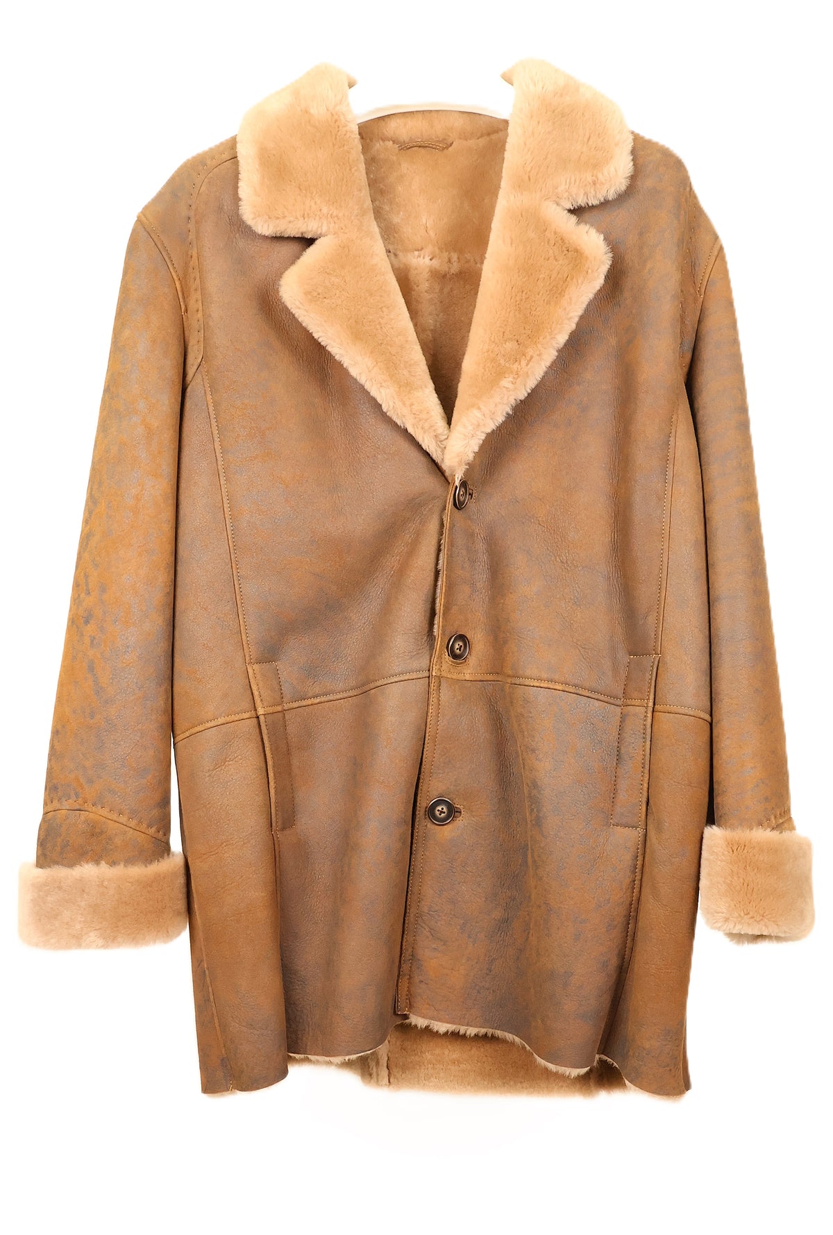 NEW MEN'S DISTRESSED SHEARLING 3/4 JACKET W/ NOTCH COLLAR & TURN BACK CUFFS