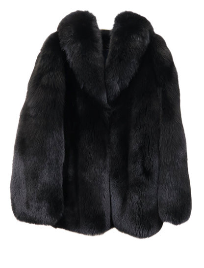 PRE-OWNED MEN'S BLACK FROST FOX JACKET W/ SHAWL COLLAR, STRAIGHT SLEEVES & BUCKLE CLOSURE