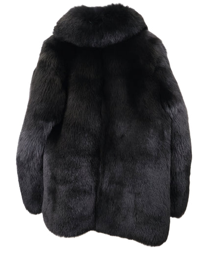 PRE-OWNED MEN'S BLACK FROST FOX JACKET W/ SHAWL COLLAR, STRAIGHT SLEEVES & BUCKLE CLOSURE