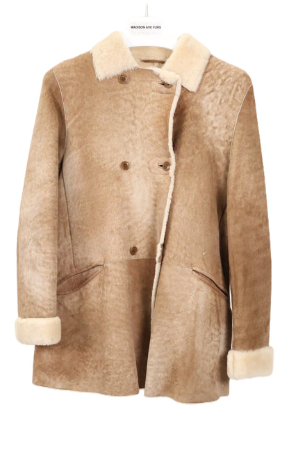 PRE-OWNED LUCIANO BARBERA CAMEL SHEARLING DOUBLE BREASTED  STROLLER W/ NOTCH & CUFFSCOLLAR