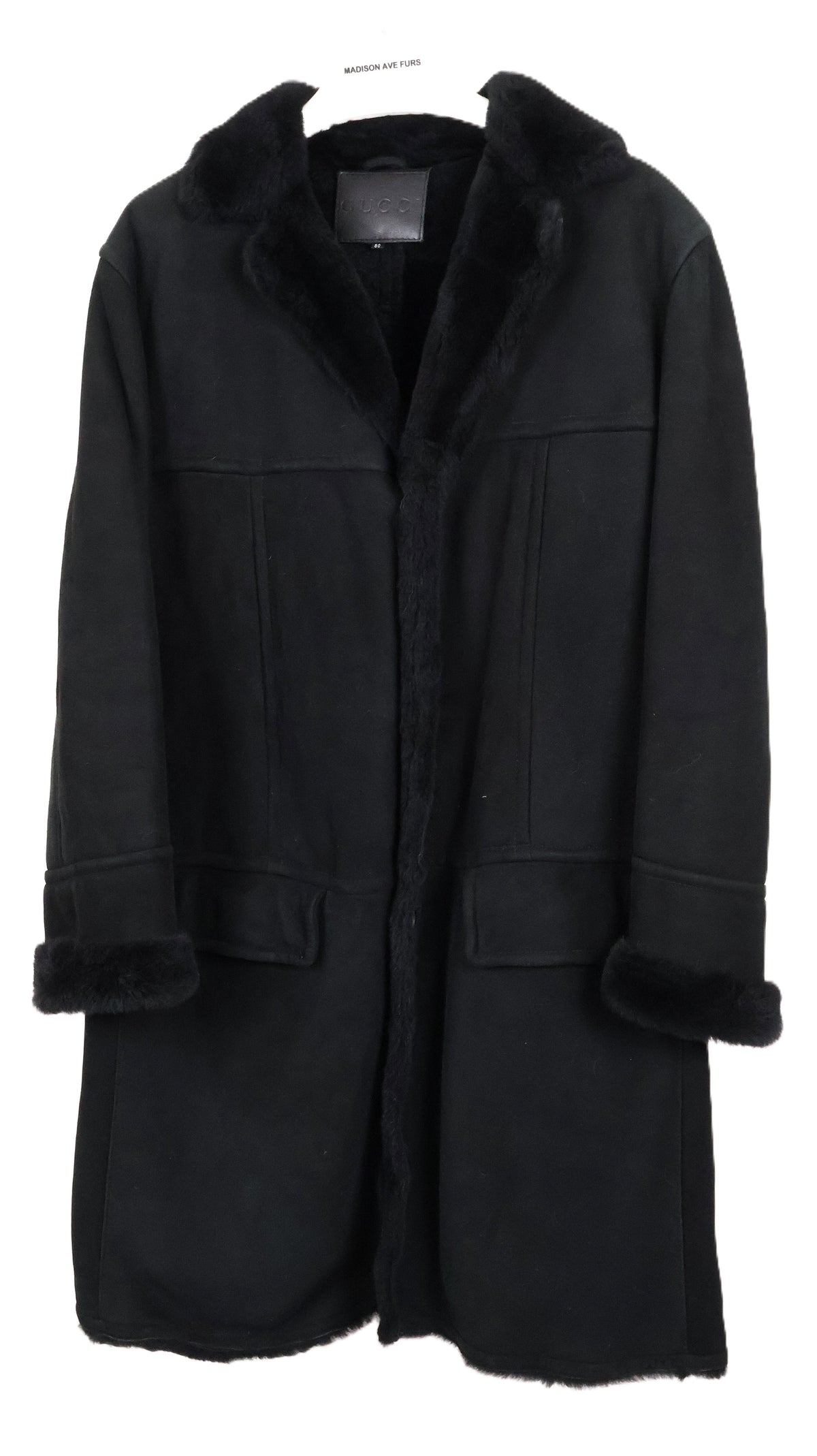 PRE-OWNED GUCCI MEN'S BLACK SHEARLING 7/8 COAT W/ NOTCH COLLAR & TURN BACK CUFFS
