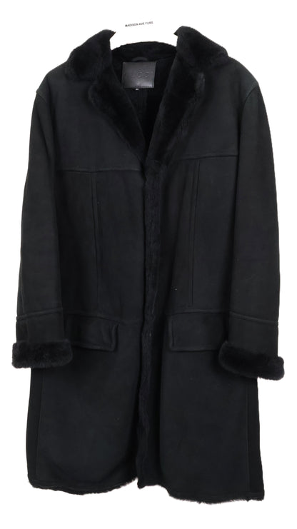 PRE-OWNED GUCCI MEN'S BLACK SHEARLING 7/8 COAT W/ NOTCH COLLAR & TURN BACK CUFFS