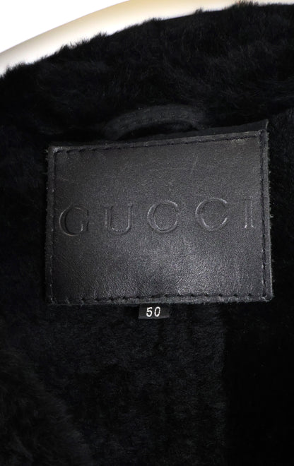 PRE-OWNED GUCCI MEN'S BLACK SHEARLING 7/8 COAT W/ NOTCH COLLAR & TURN BACK CUFFS