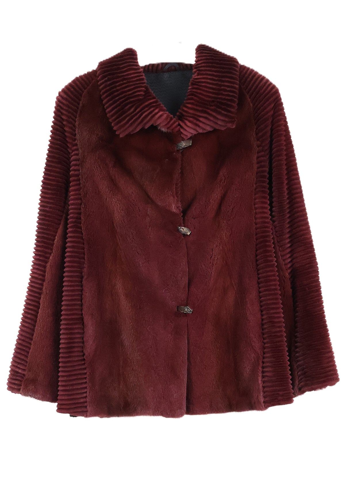 PRE-OWNED CRANBERRY DYED SHEARED & GROOVED MINK JACKET W/ WING COLLAR & STRAIGHT SLEEVES