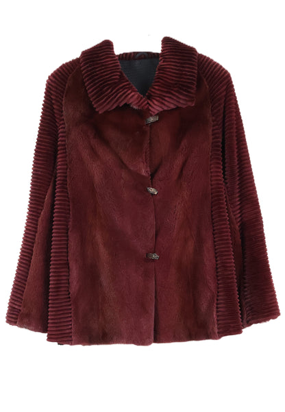 PRE-OWNED CRANBERRY DYED SHEARED & GROOVED MINK JACKET W/ WING COLLAR & STRAIGHT SLEEVES