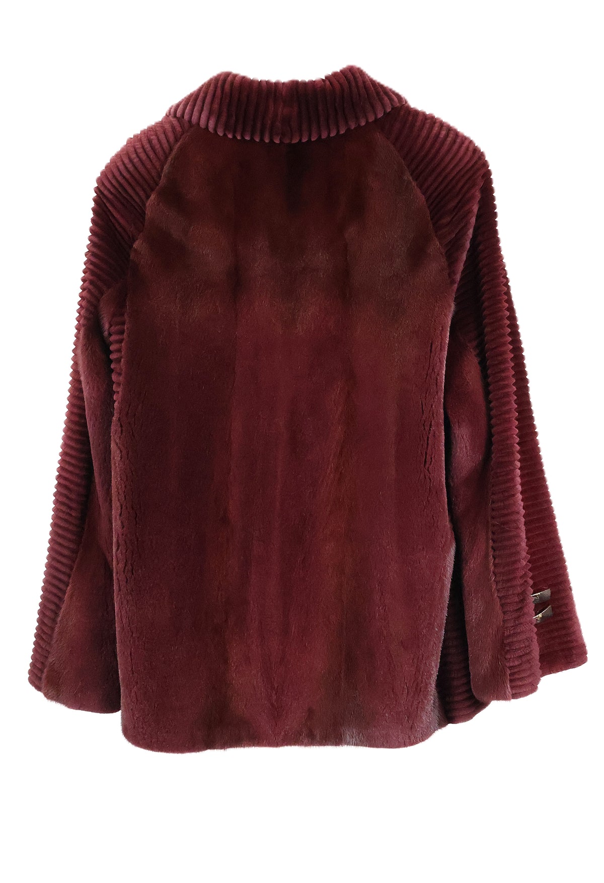 PRE-OWNED CRANBERRY DYED SHEARED & GROOVED MINK JACKET W/ WING COLLAR & STRAIGHT SLEEVES