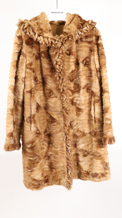 PRE-OWNED WHISKEY DYED SHEARED MINK SECTION HOODED STROLLERW/ FRINGE TRIM