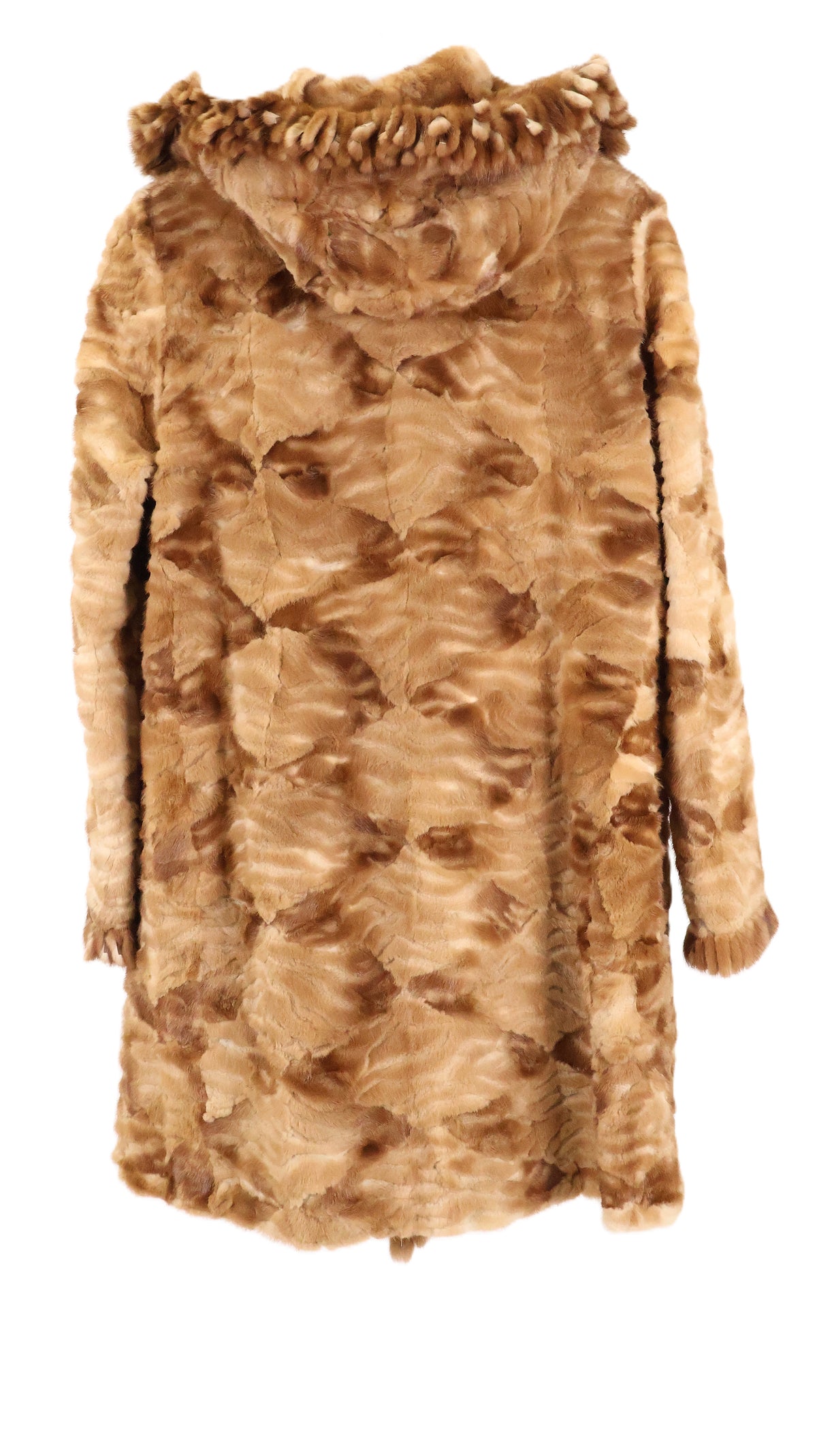 PRE-OWNED WHISKEY DYED SHEARED MINK SECTION HOODED STROLLERW/ FRINGE TRIM