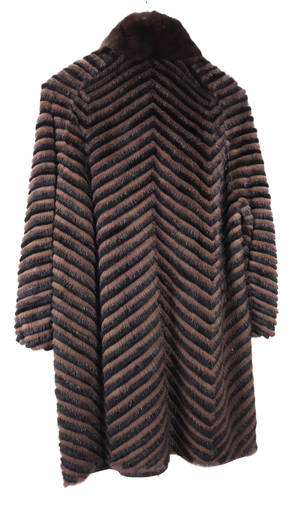 PRE-OWNED BROWN & BLACK DYED CHEVRON DESIGN MINK KNIT STROLLER W/ STAND COLLAR & 2-WAY ZIPPER
