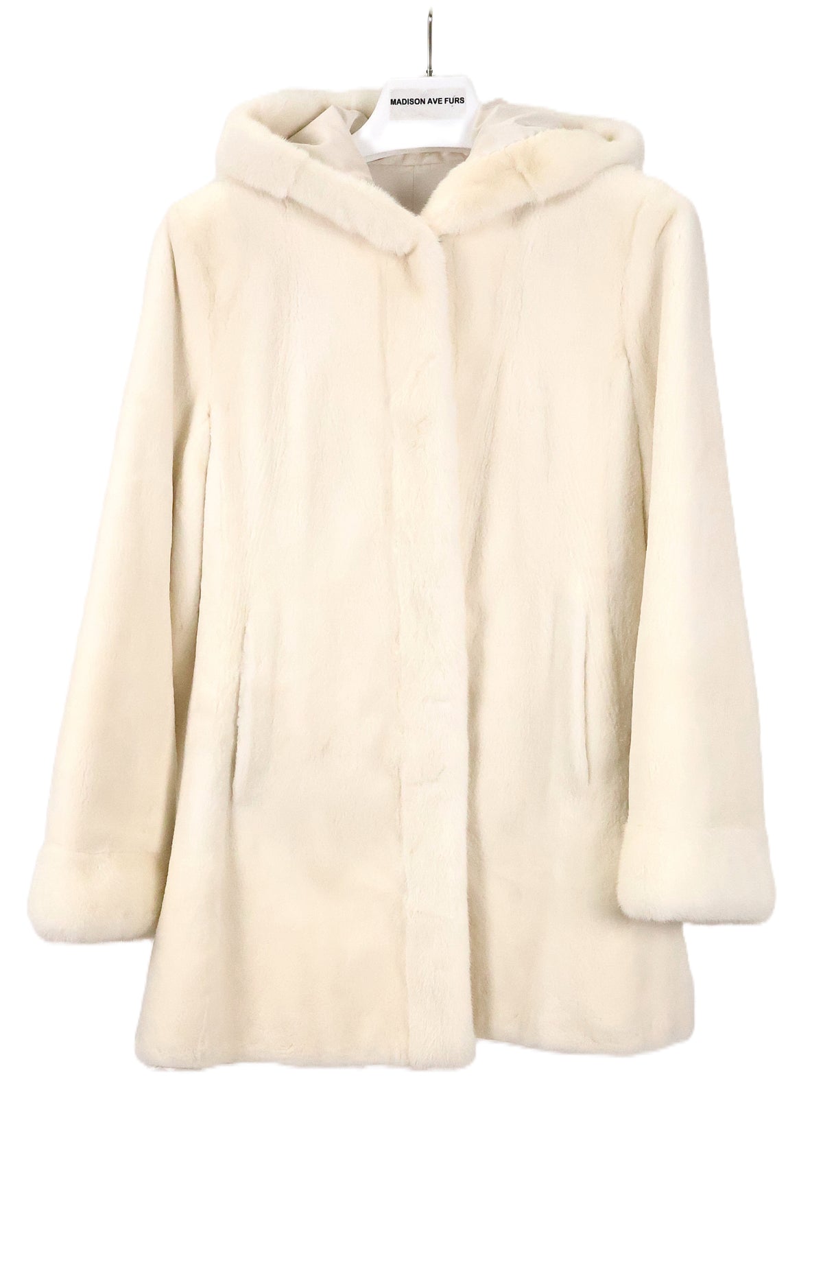 PRE-OWNED OFF-WHITE SHEARED MINK HOODED STROLLER W/ LONG HAIR MINK TRIM & BANDED CUFF , REVERSIBLE TO TAFFETA