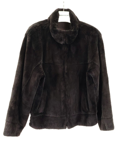 PRE-OWNED MEN'S BROWN DYED SHEARED NUTRIA BOMBER JACKET W/ WING COLLAR & BANDED CUFFS