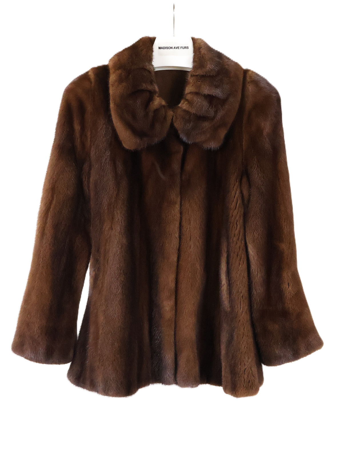 PRE-OWNED DEMI BUFF MINK TRUMPET JACKET W/ RUFFLED WING COLLAR & BELL SLEEVES