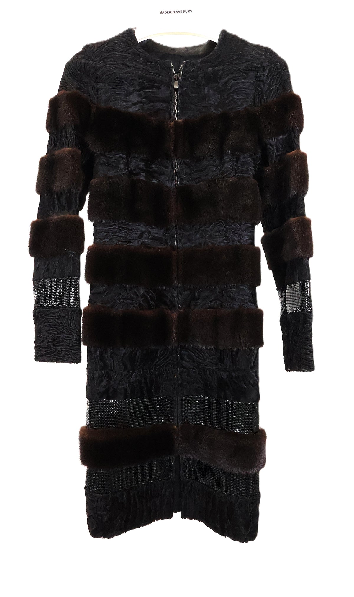 PRE-OWNED BLACK SWAKARA & MAHOGANY MINK HORIZONTAL 7/8 COAT W/SEQUIN PANELS