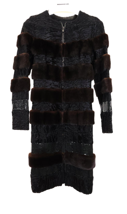 PRE-OWNED BLACK SWAKARA & MAHOGANY MINK HORIZONTAL 7/8 COAT W/SEQUIN PANELS