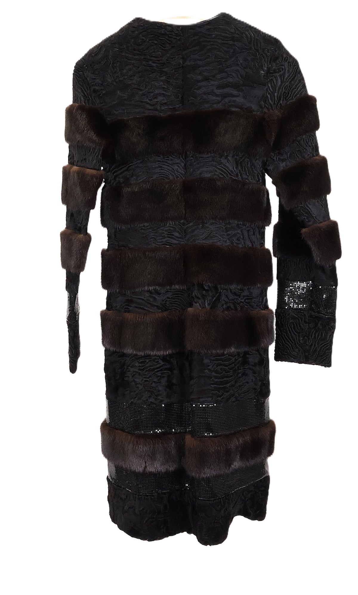 PRE-OWNED BLACK SWAKARA & MAHOGANY MINK HORIZONTAL 7/8 COAT W/SEQUIN PANELS