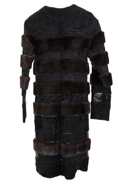 PRE-OWNED BLACK SWAKARA & MAHOGANY MINK HORIZONTAL 7/8 COAT W/SEQUIN PANELS