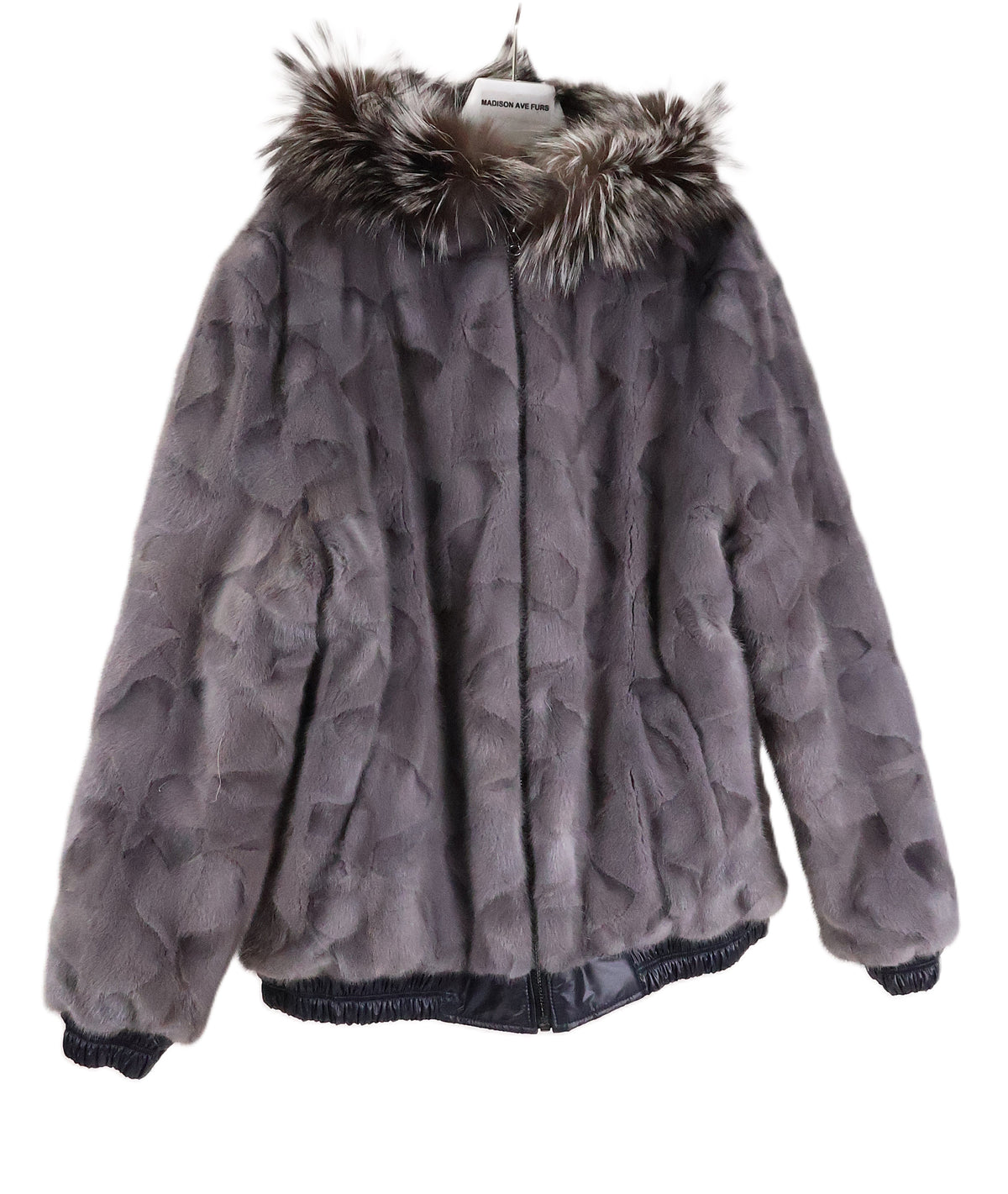NEW MEN'S SLATE DYED MINK OVALS HOODED BOMBER JACKET W/SILVER FOX TRIM REVERSIBLE TO PUFFER