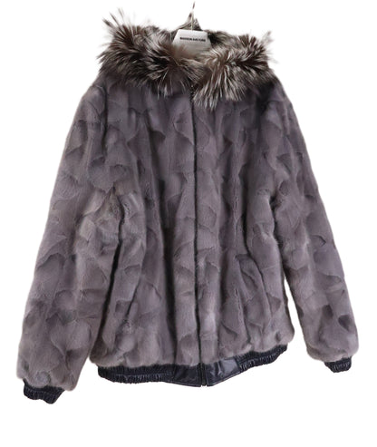 NEW MEN'S SLATE DYED MINK OVALS HOODED BOMBER JACKET W/SILVER FOX TRIM REVERSIBLE TO PUFFER