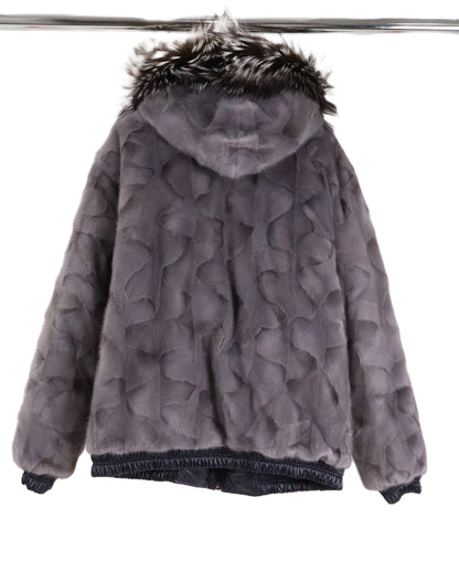 NEW MEN'S SLATE DYED MINK OVALS HOODED BOMBER JACKET W/SILVER FOX TRIM REVERSIBLE TO PUFFER