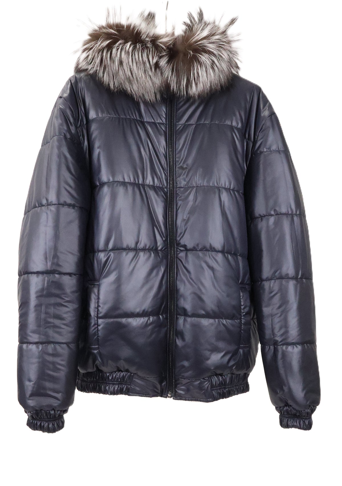 NEW MEN'S SLATE DYED MINK OVALS HOODED BOMBER JACKET W/SILVER FOX TRIM REVERSIBLE TO PUFFER