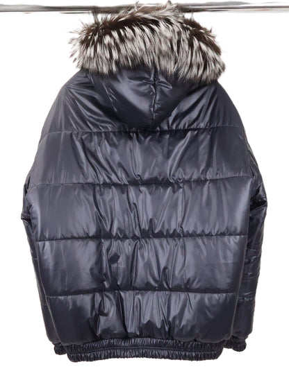 NEW MEN'S SLATE DYED MINK OVALS HOODED BOMBER JACKET W/SILVER FOX TRIM REVERSIBLE TO PUFFER